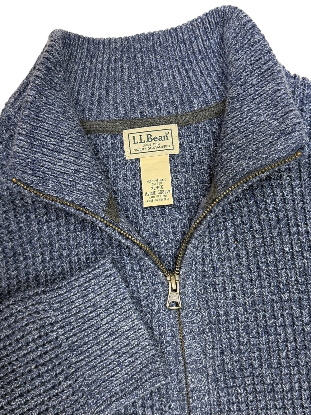 LL Bean Sweater Mens XL Blue Organic Cotton Waffle Fisherman Knit Zip Cardigan